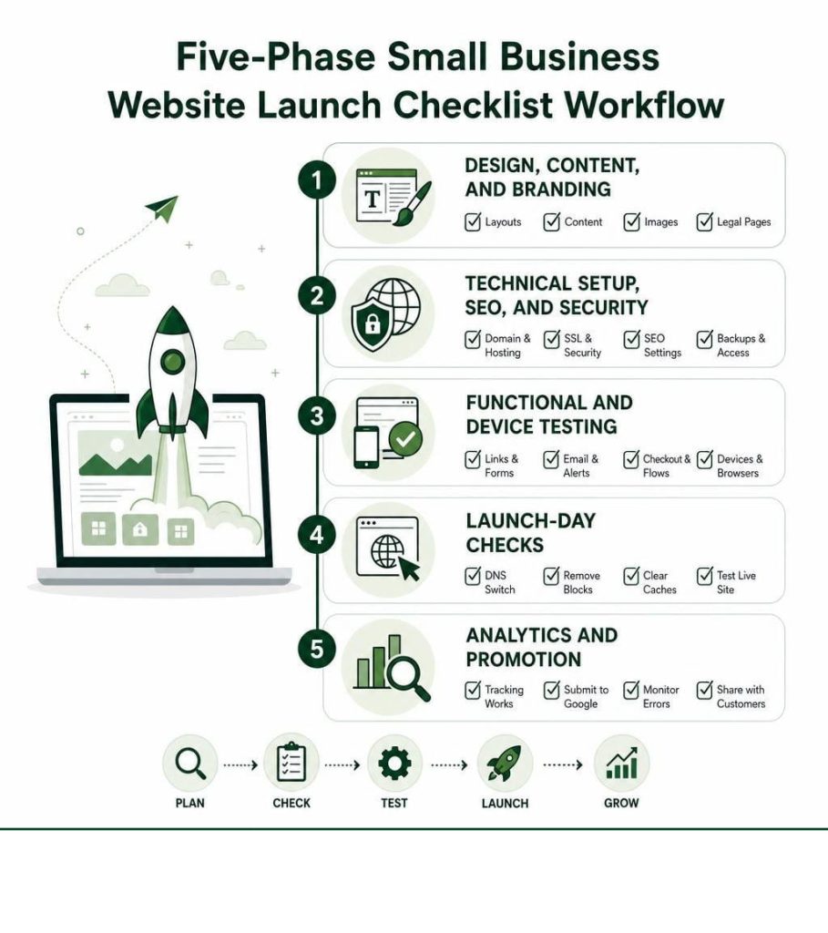 Five-phase website launch checklist infographic for small business site planning testing and growth.