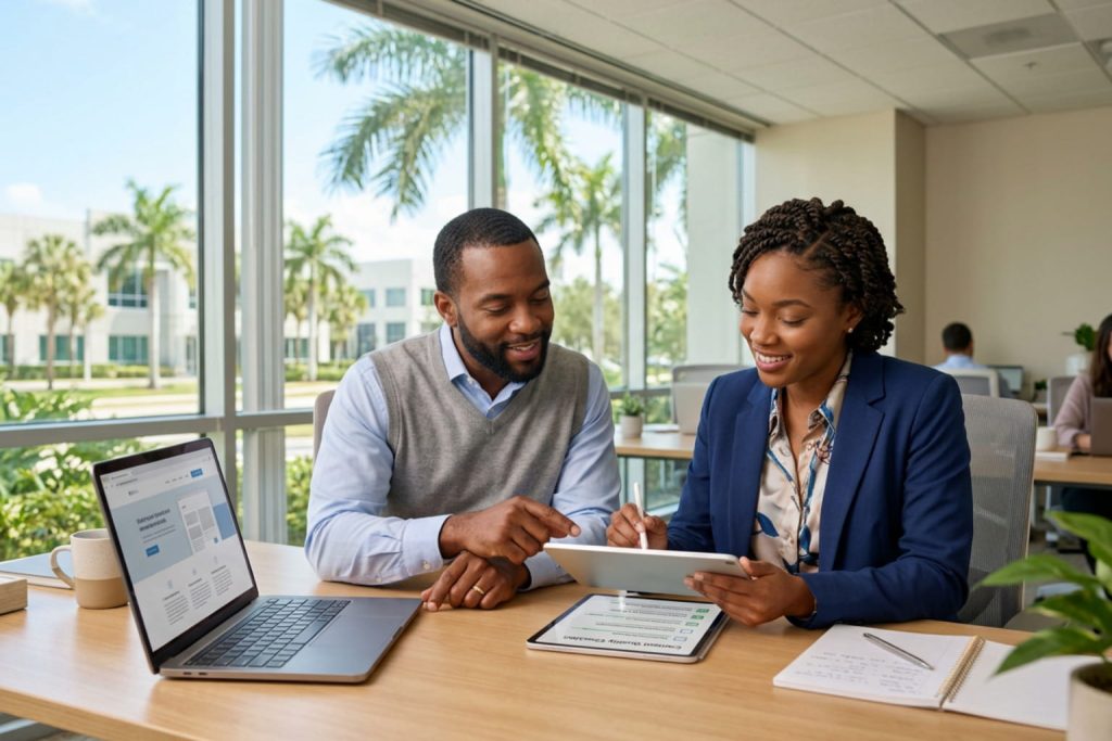 Colleagues reviewing a tablet and checklist during a website launch checklist workflow meeting.