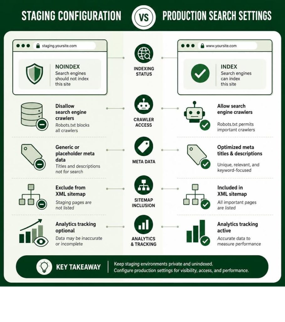 Staging versus production settings infographic for a website launch checklist and SEO readiness.