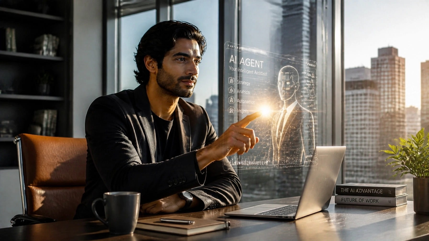 Professional using a holographic dashboard in a modern office, illustrating AI agent vs chatbot in a future-of-work setting.