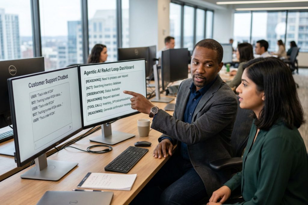 Two coworkers reviewing screens that show AI agent vs chatbot through customer support chat and backend reasoning workflows.