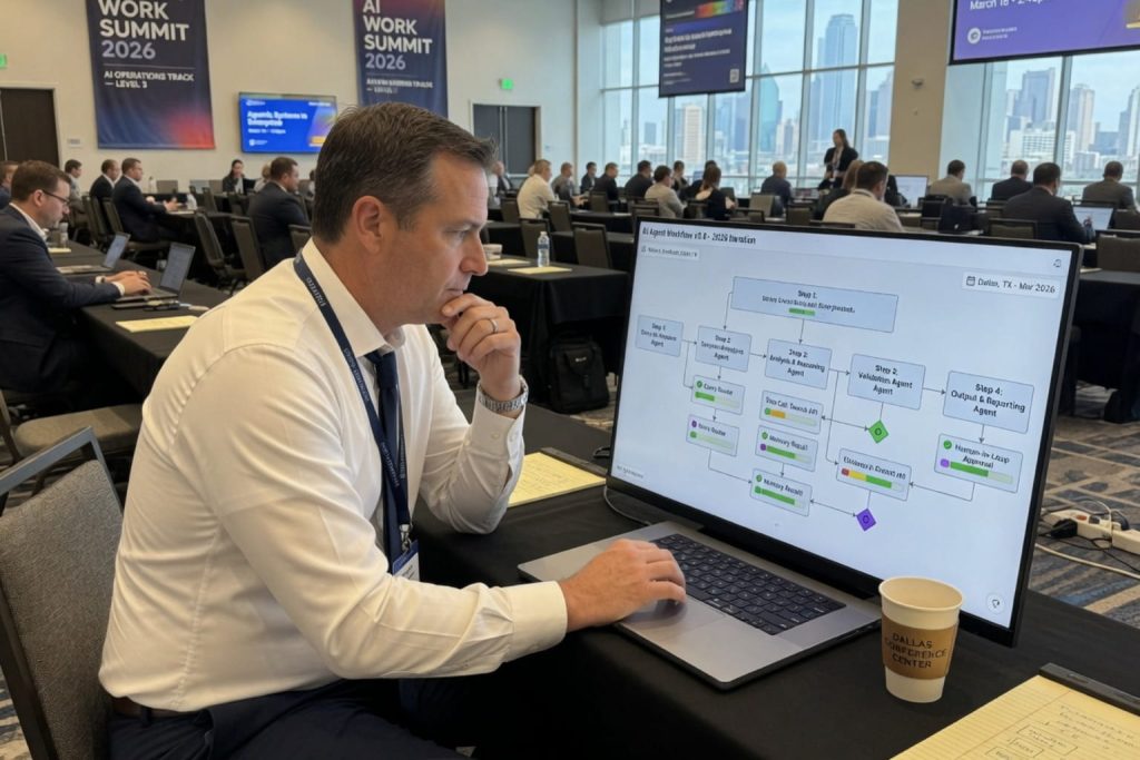 Conference attendee viewing an enterprise workflow screen that highlights AI agent vs chatbot in a business summit setting.