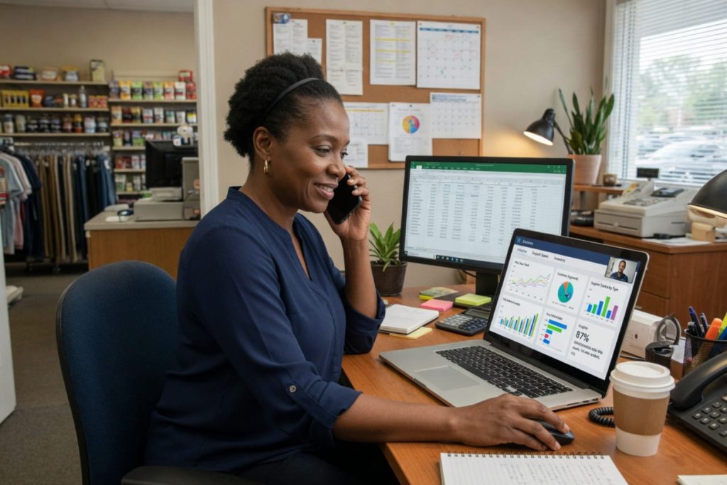 Small business owner managing analytics and calls at her desk, representing AI agent vs chatbot in daily operations.