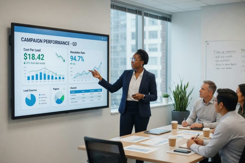 Presenter reviewing campaign metrics in a conference room, showing AI agent vs chatbot in a performance and strategy context.