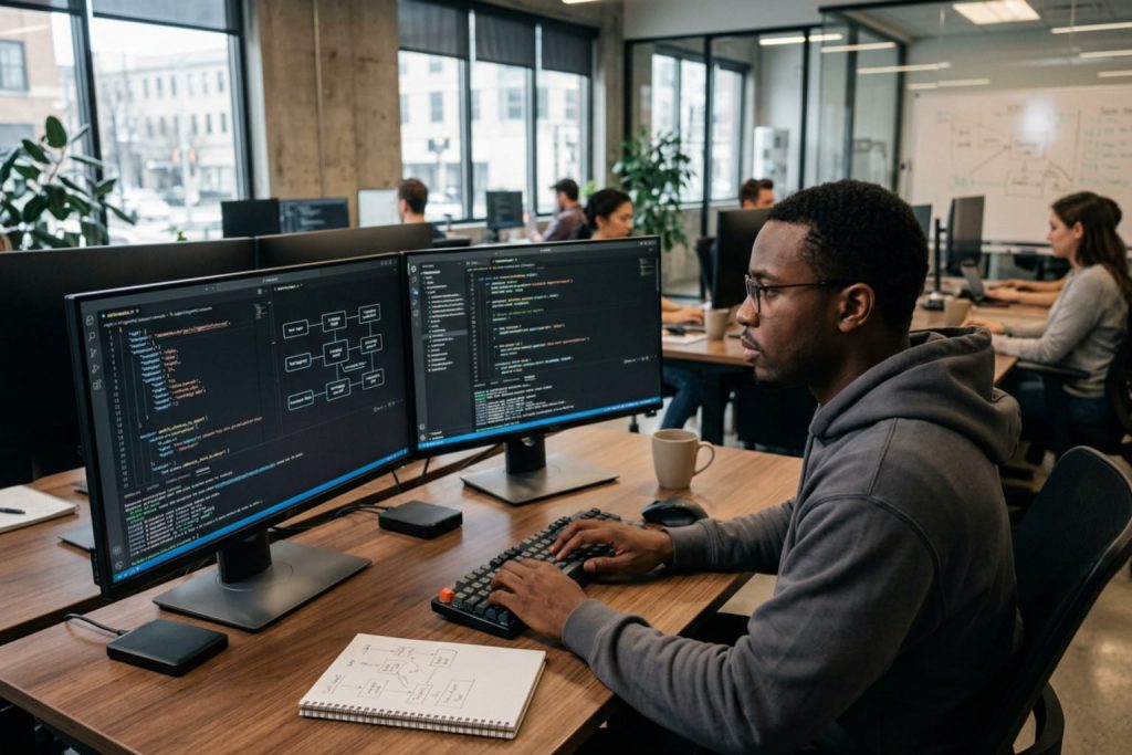 Developer coding at a dual-monitor workstation, reflecting AI agent vs chatbot in a modern software environment.