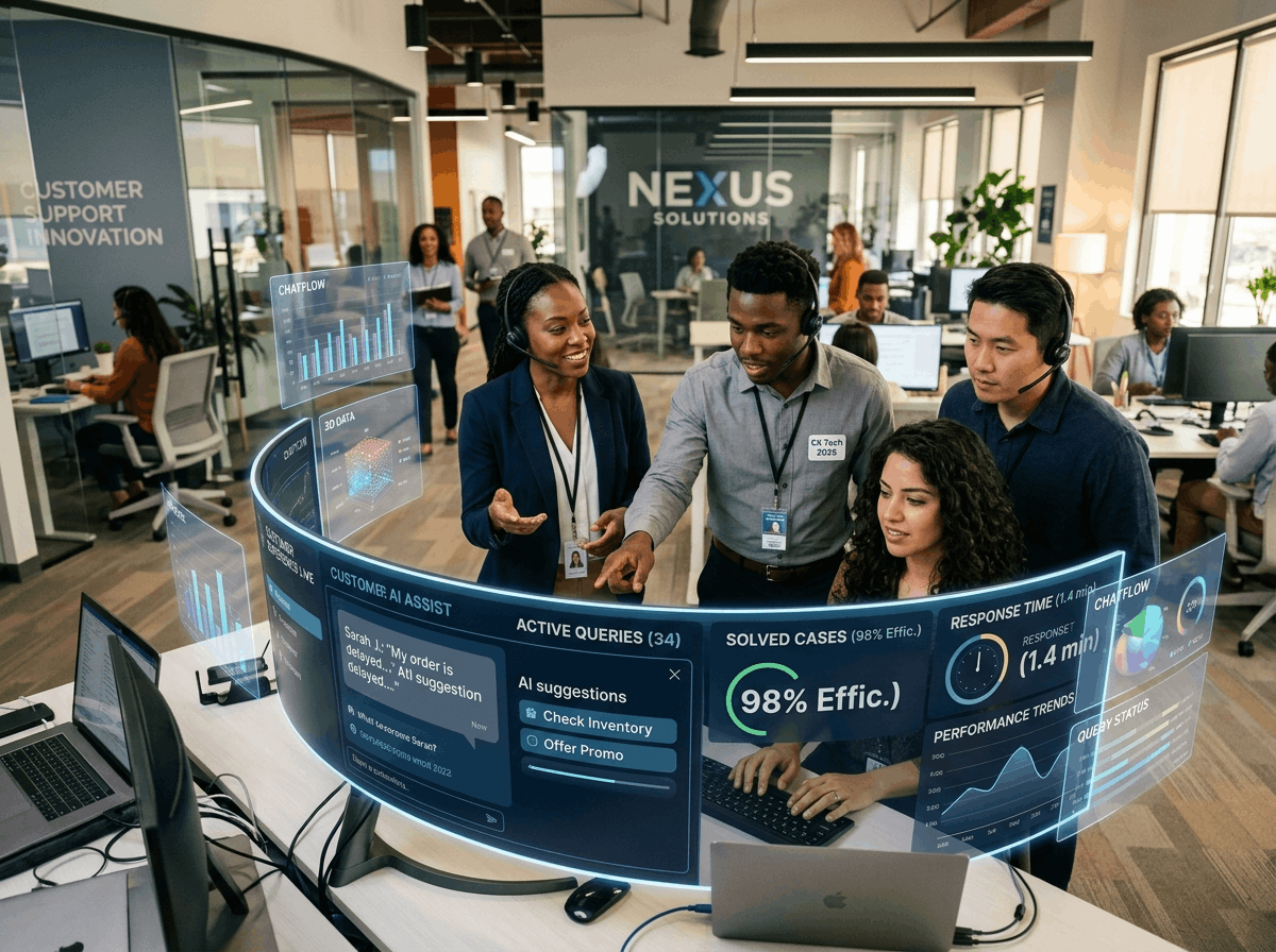 Futuristic customer service center demonstrating AI in customer service with a holographic interface and collaborative team.