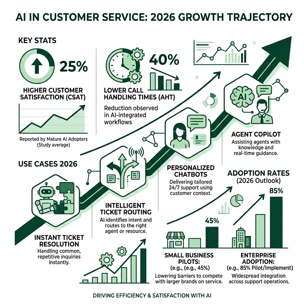 Infographic on AI in customer service, showing growth stats and use cases for 2026.