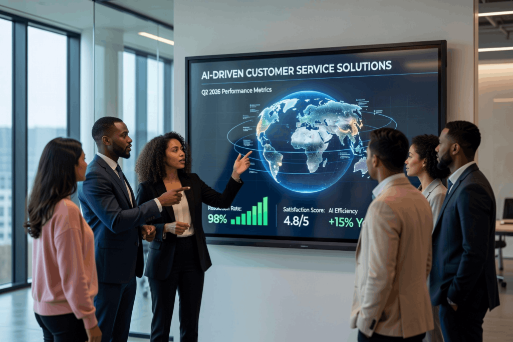 Corporate team analyzing AI in customer service metrics on a digital dashboard.
