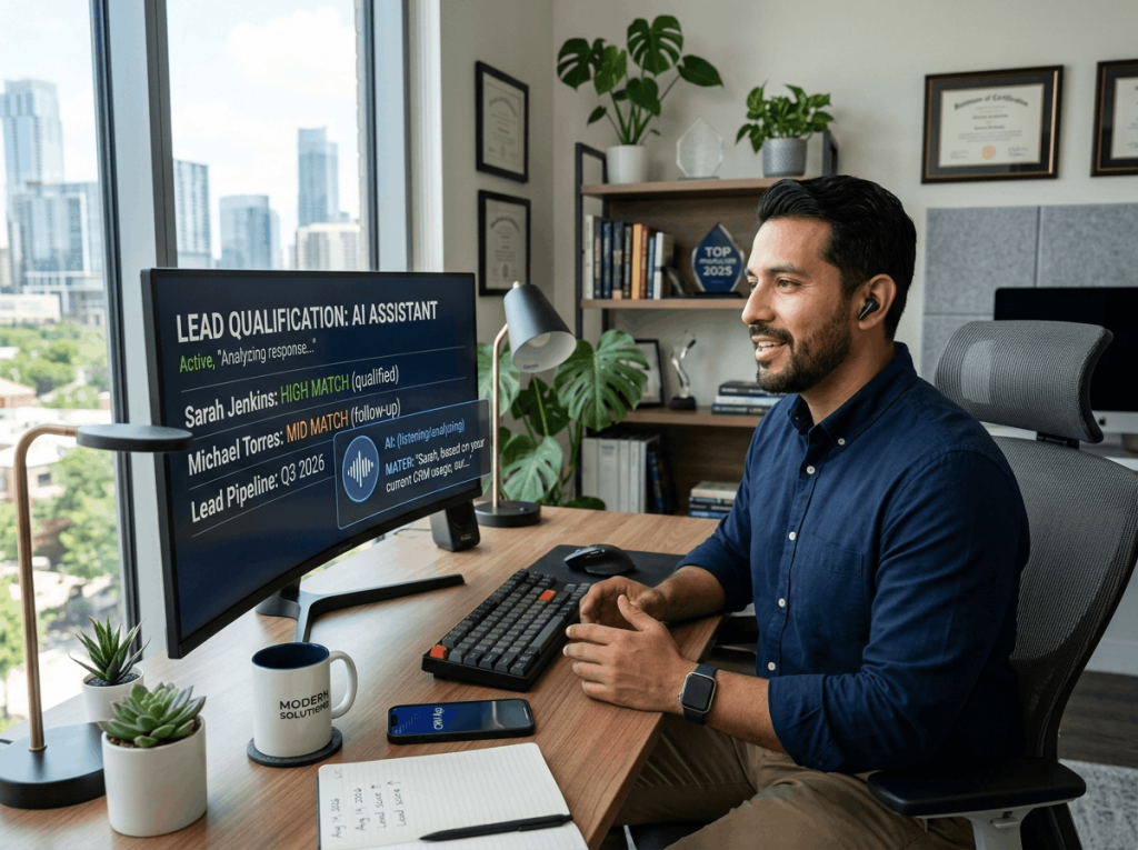 Sales professional using AI in customer service for lead qualification in a modern office.