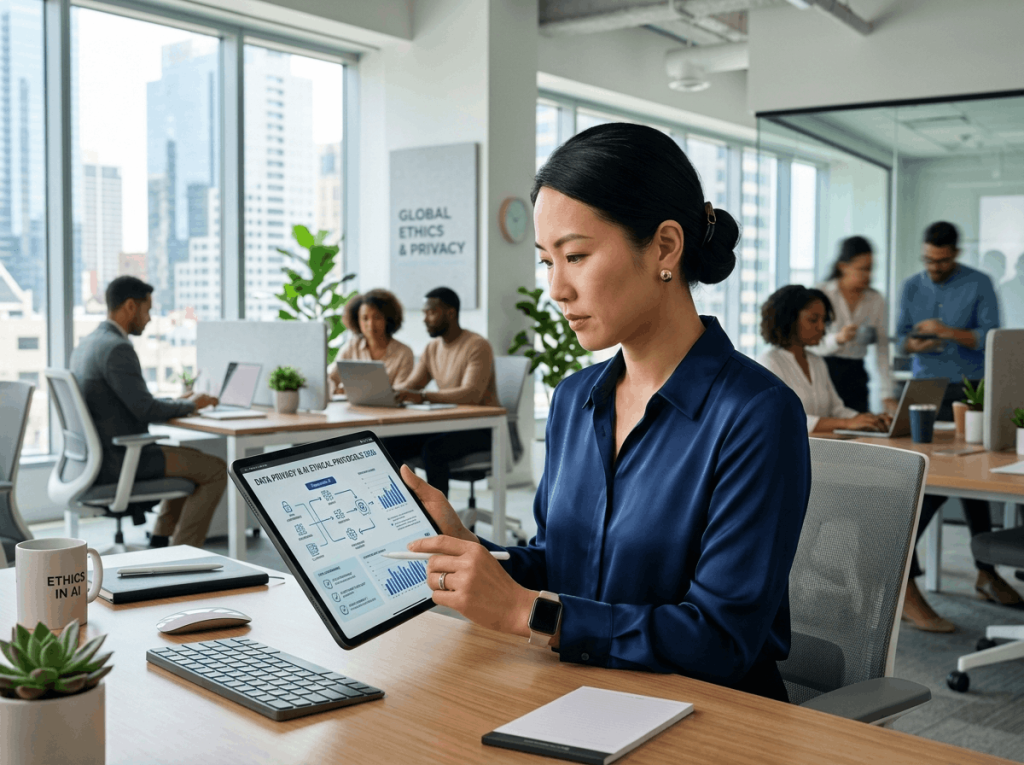 Professional woman reviewing AI ethics and data privacy dashboard for AI in customer service in a corporate setting.