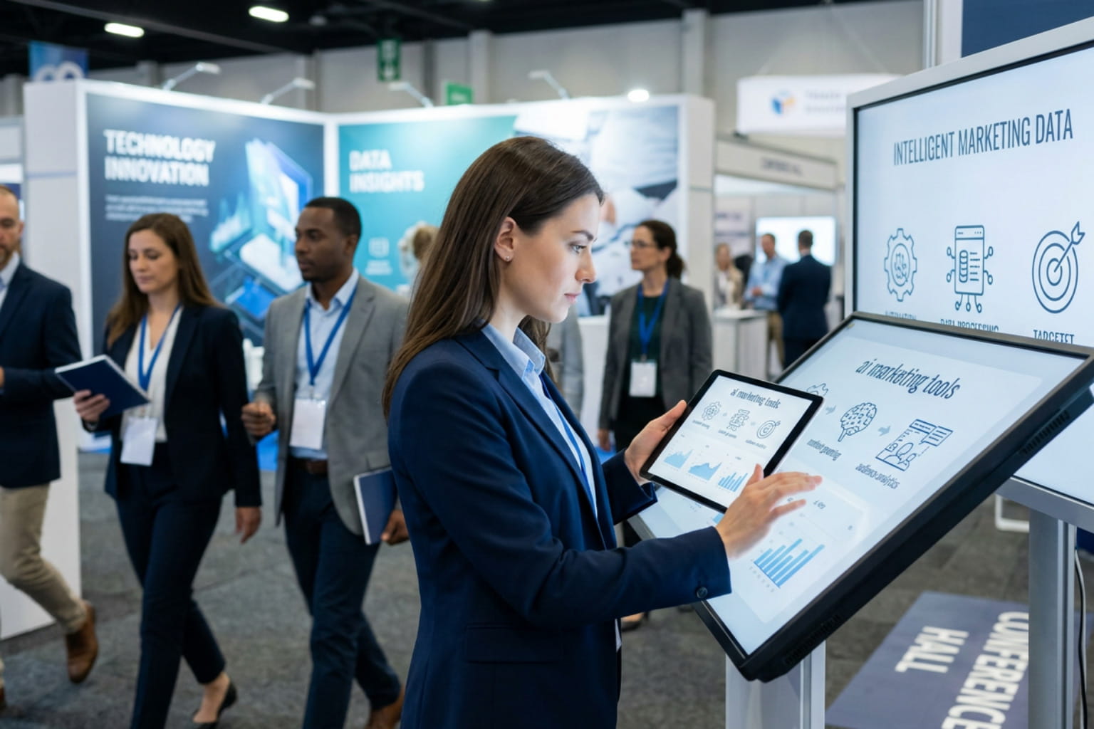 Professional using ai marketing tools on an interactive screen at a busy tech conference.