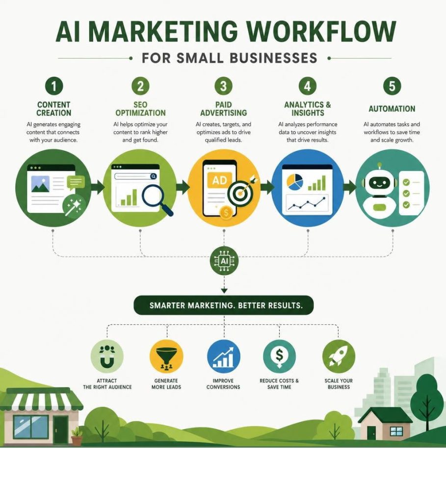 Infographic showing an ai marketing tools workflow for small businesses and growth outcomes.