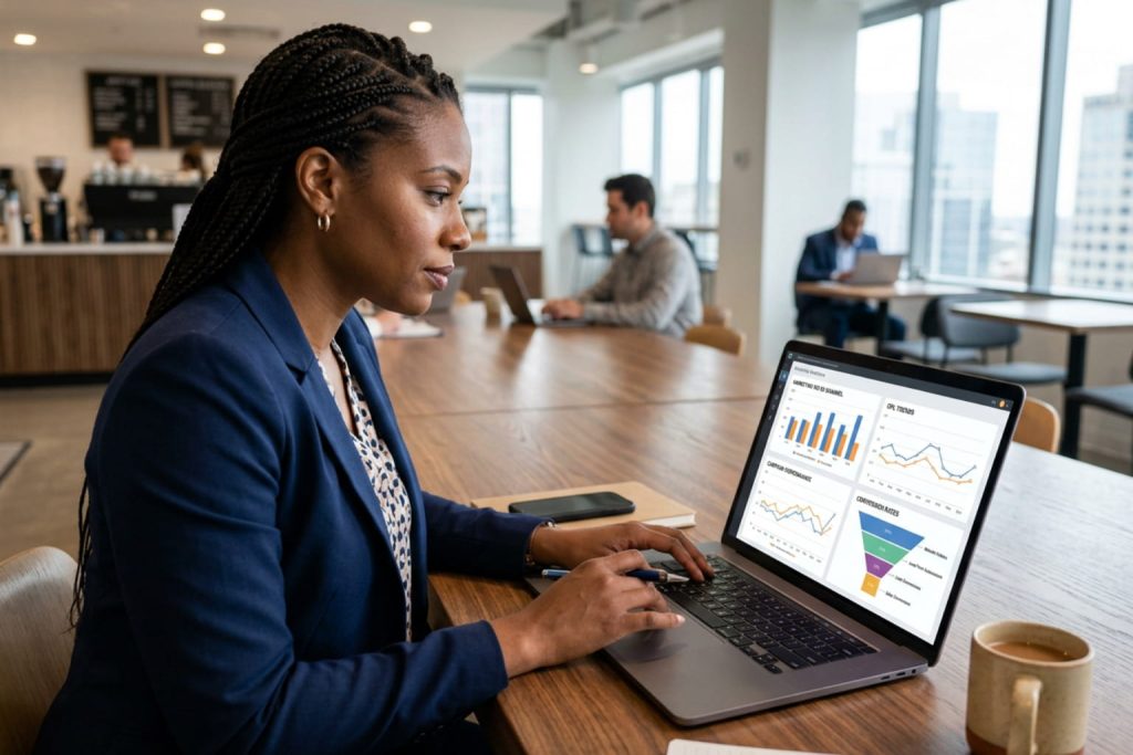 Professional reviewing an ai marketing tools analytics dashboard on a laptop in a modern office.