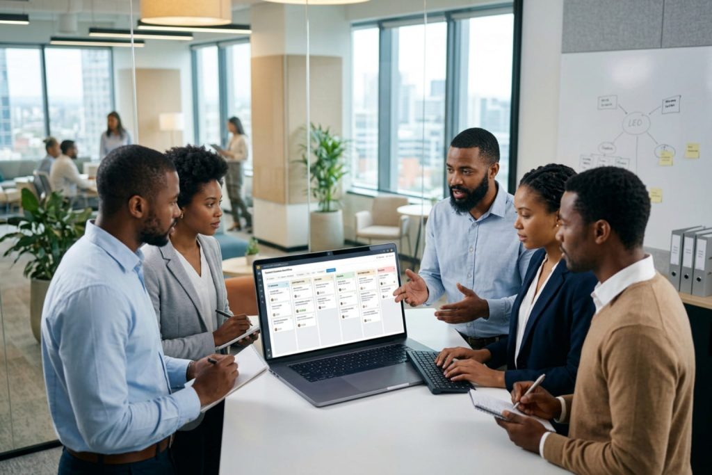 Team collaborating around a laptop with ai marketing tools and project workflow planning.