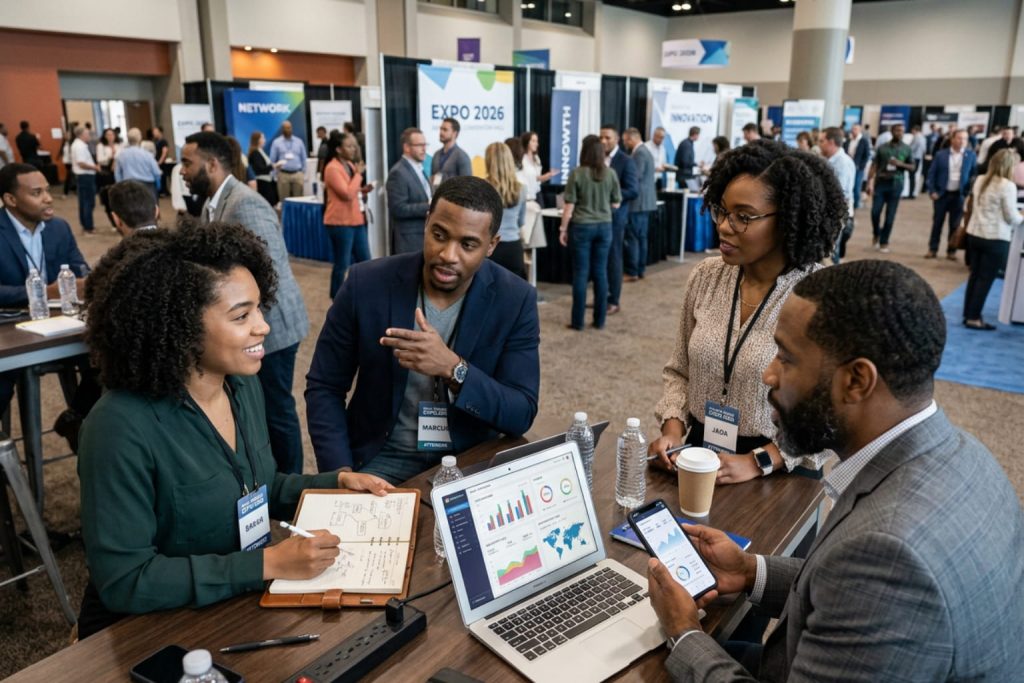 Business team discussing analytics and ai marketing tools at a crowded industry expo.