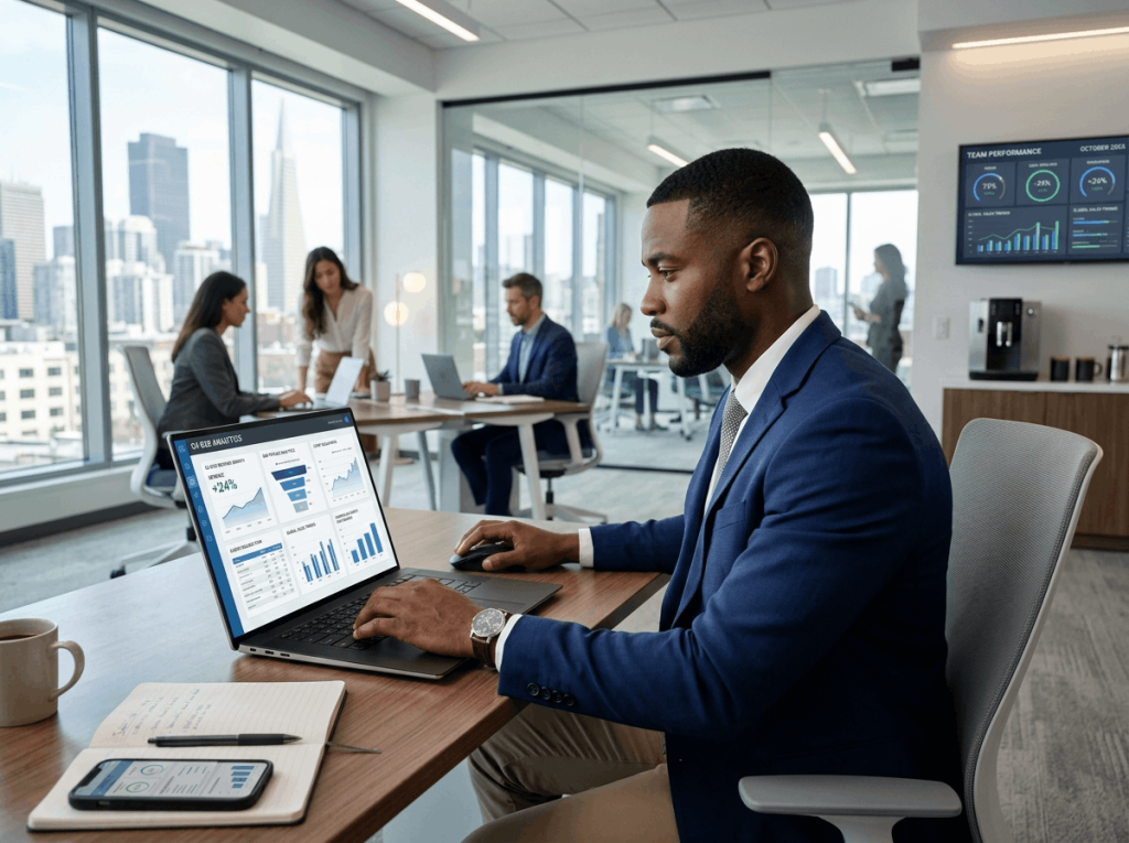 Business professional analyzing B2B buyer journey data on a laptop in a corporate office.