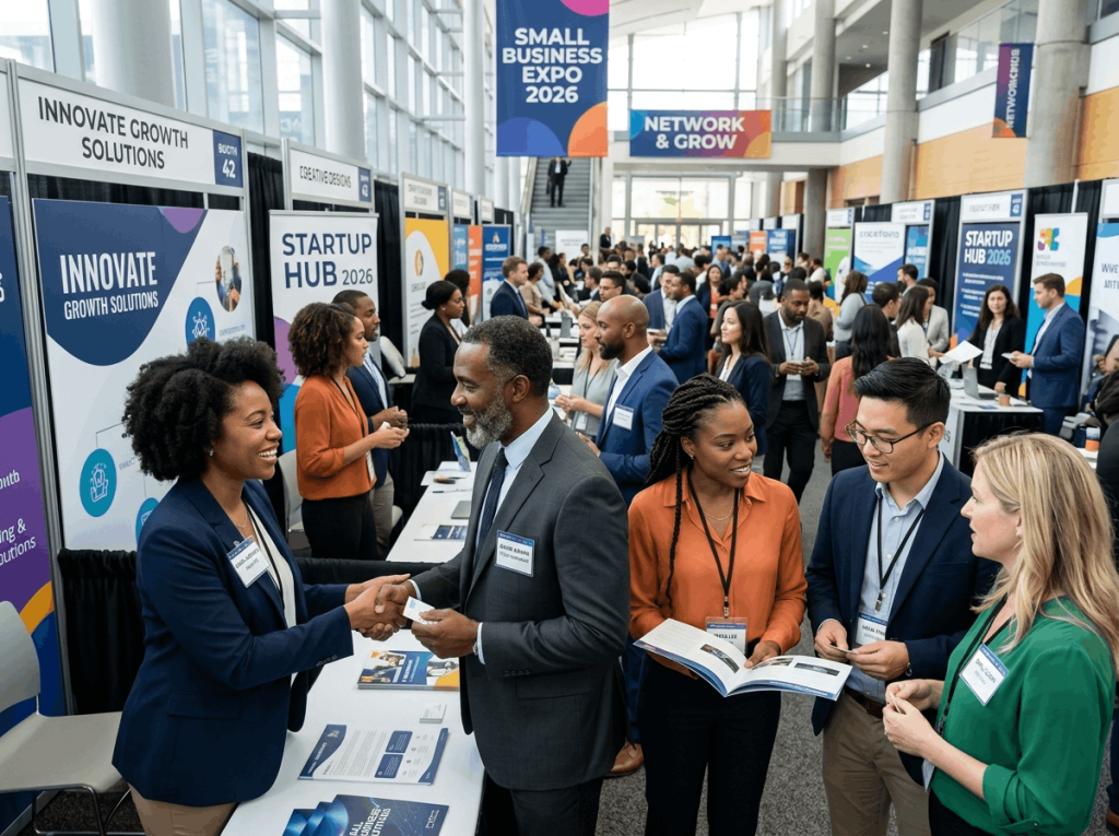 Networking event at a business expo with professionals exchanging cards, representing a key touchpoint in the B2B buyer journey.