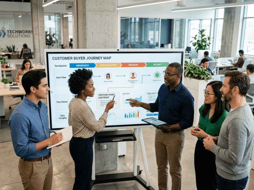 Team discussing a B2B buyer journey map on a digital whiteboard in a tech office.