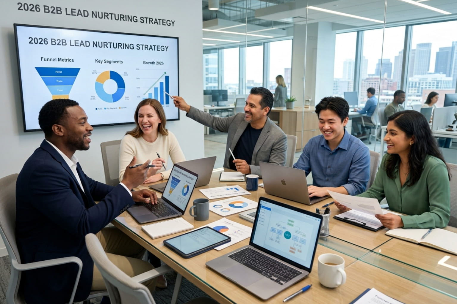 A corporate meeting room with professionals discussing a "2026 B2B Lead Nurturing Strategy" displayed on a digital screen, featuring charts and graphs.