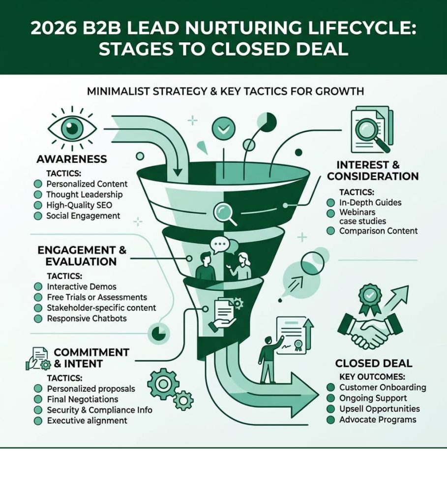 An infographic illustrating the "2026 B2B Lead Nurturing Lifecycle" with a multi-stage funnel and associated tactics.