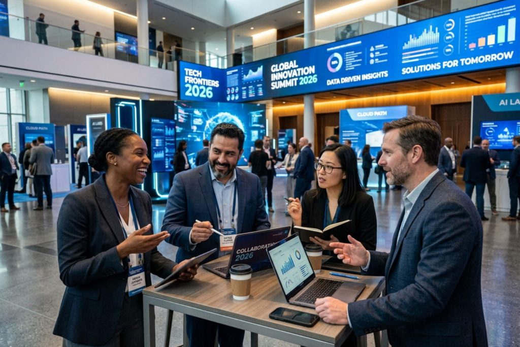 A collaborative discussion on b2b lead nurturing at the "Global Innovation Summit 2026," showcasing professionals, digital dashboards, and event branding.