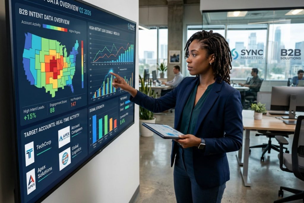 A professional woman presenting a "B2B Intent Data Overview" on a digital dashboard, highlighting a key section on b2b lead nurturing in a modern office setting.