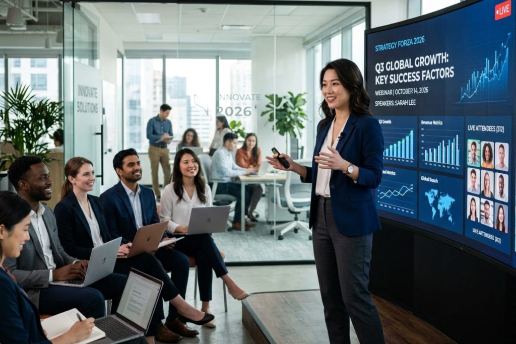 A business presentation by Sarah Lee on "Q3 Global Growth" metrics, with a focus on b2b lead nurturing and in-person and live digital attendees.