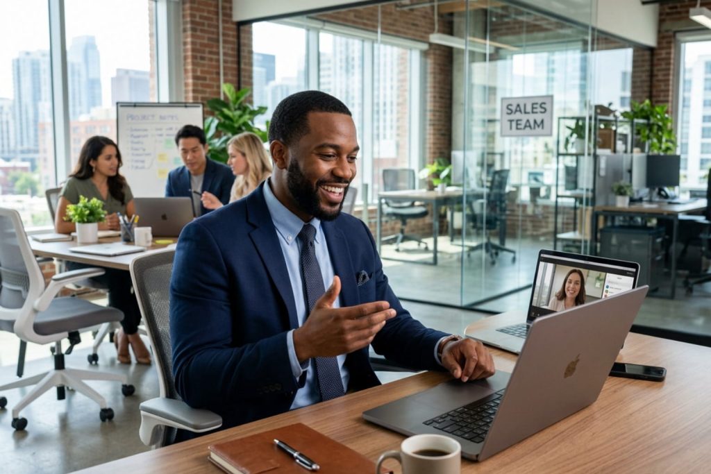 A modern office scene with a professional discussing b2b lead nurturing on a video call, colleagues collaborating in the background, and a city skyline view.