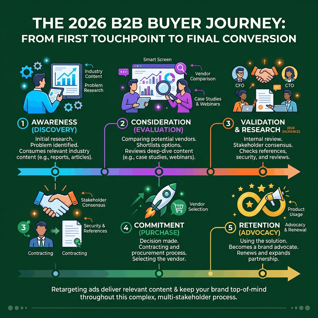 A marketing infographic titled "The 2026 B2B Buyer Journey: From First Touchpoint to Final Conversion." It illustrates a five-stage process (Awareness, Consideration, Validation, Commitment, Retention) with color-coded sections, icons, and descriptive text. The footer emphasizes the role of b2b retargeting ads in the buyer journey.