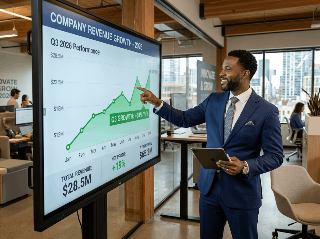 A professional business presentation in a modern office. A man in a navy suit points to a large touchscreen monitor displaying a revenue growth chart for 2026, highlighting a 38% year-over-year growth in Q3 driven by b2b retargeting. The office features standing desks, glass partitions, and a city skyline view.