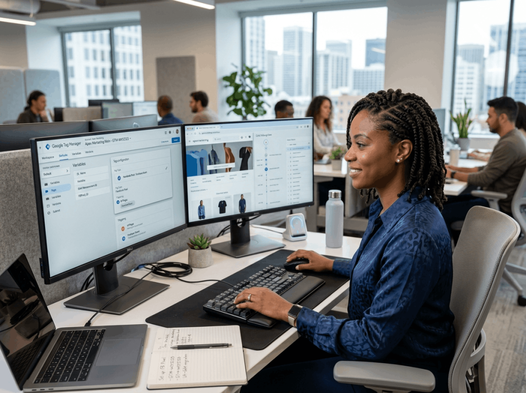 A digital marketer working at a dual-monitor setup in a bright, modern office. The left monitor displays the Google Tag Manager interface, while the right shows an e-commerce dashboard for a b2b retargeting campaign. The desk includes a laptop, notebook, and potted plant, with a city skyline visible through large windows.