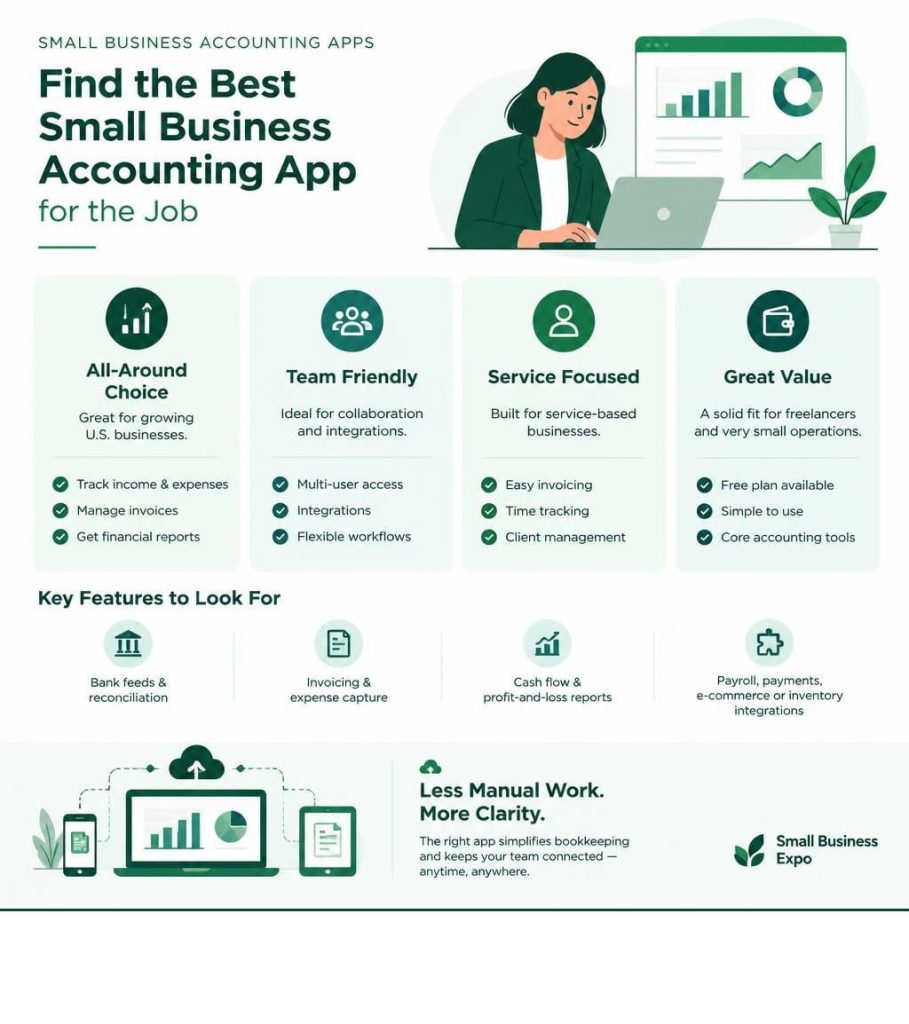 infographic about features and categories for finding the best small business accounting app.