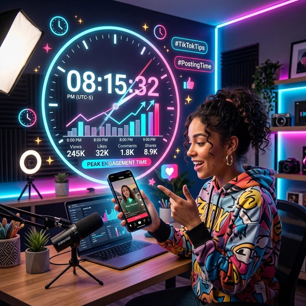 Infographic showing the best time to post on TikTok by day of the week with engagement levels.