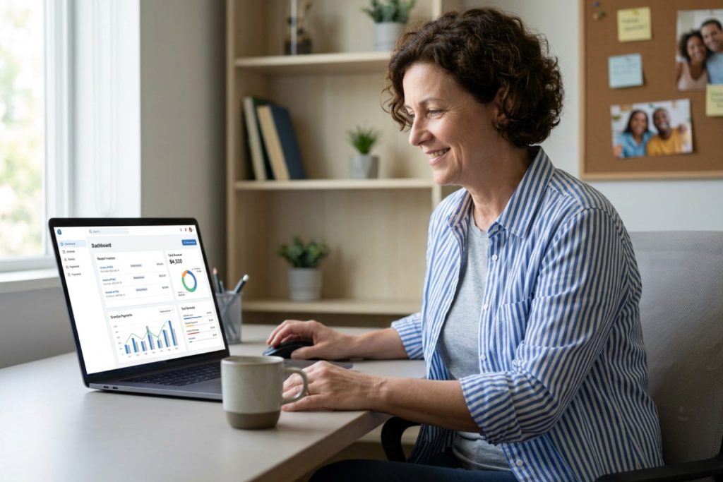 woman reviewing billing software for small business on a laptop in a bright home office.