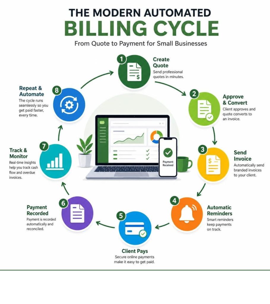 infographic showing the automated billing software for small business cycle from quote to payment.