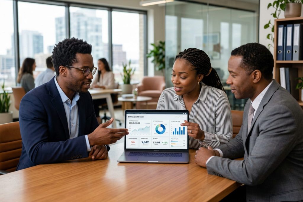 team analyzing billing software for small business metrics on a laptop in a modern office.