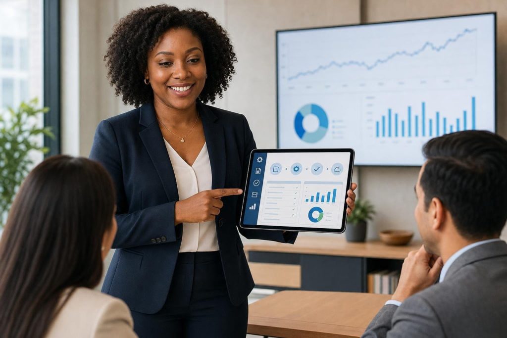 presenter demonstrating billing software for small business insights during a business meeting.