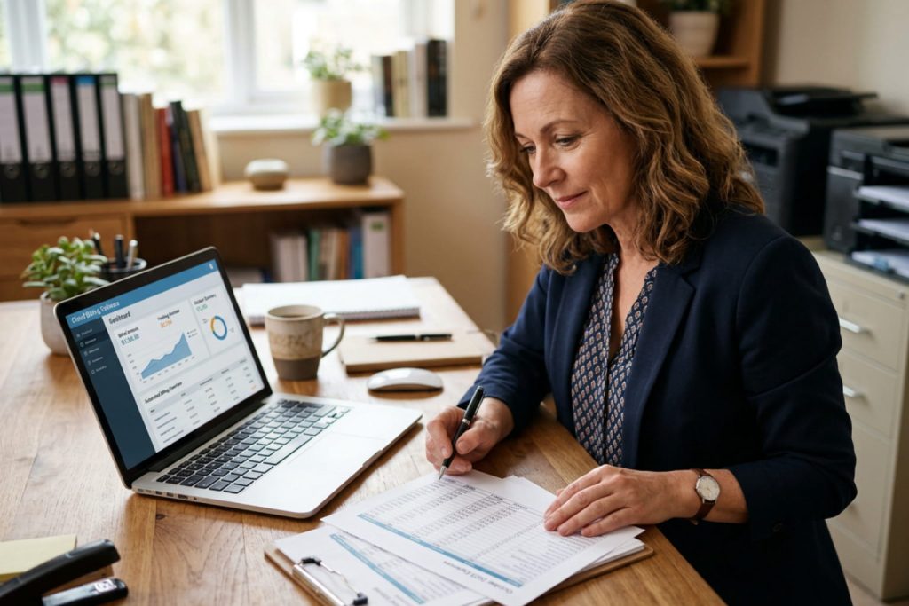 professional comparing paperwork with billing software for small business on a laptop.