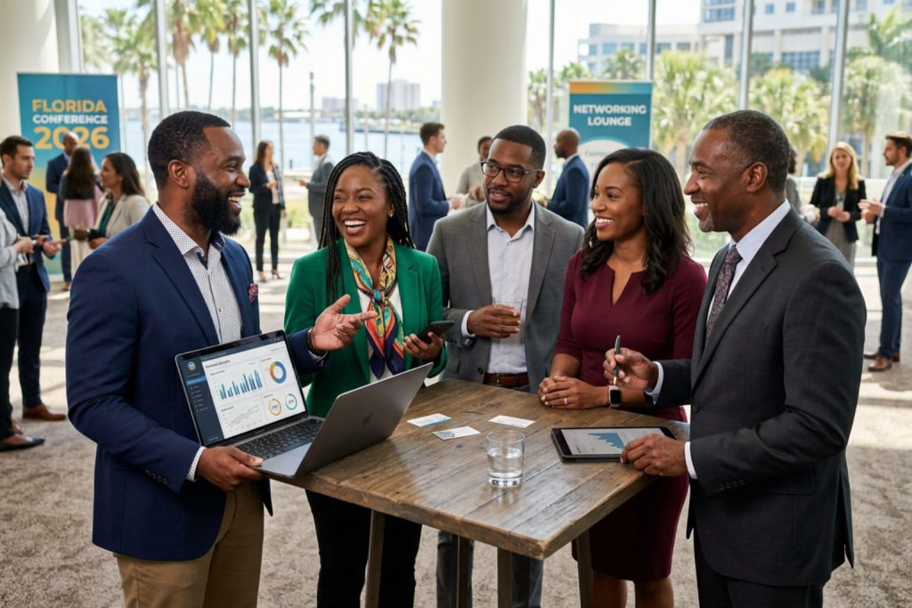 professionals discussing billing software for small business dashboards at a networking event.