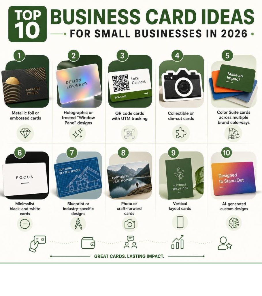 Infographic showcasing top 10 business card ideas for small businesses with modern design examples.