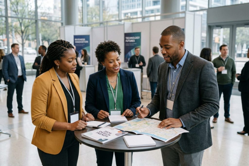 Professionals reviewing materials at a conference, illustrating collaboration and inspiration behind business card ideas.