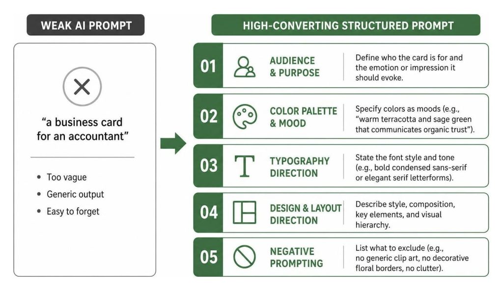 Educational infographic comparing a weak AI prompt with a structured framework for stronger business card ideas.