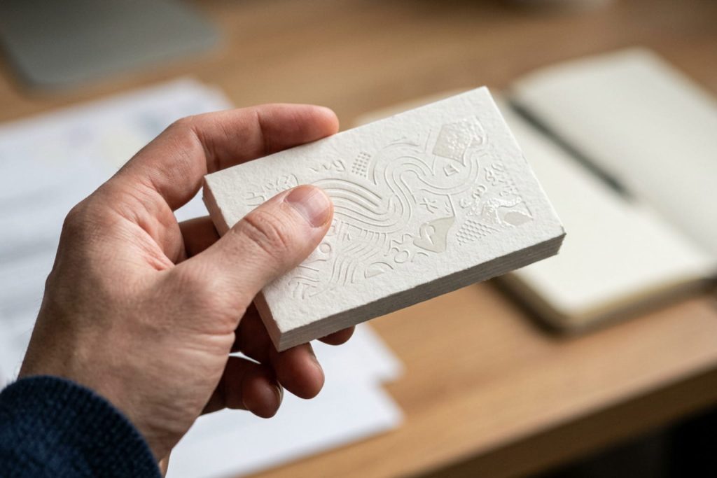 Close-up of textured premium cards in hand highlighting tactile and luxury business card ideas.