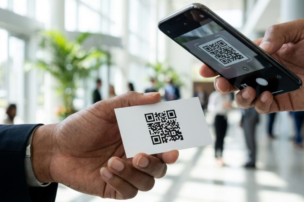 Smartphone scanning a QR code card at a networking event, showing digital-first business card ideas.