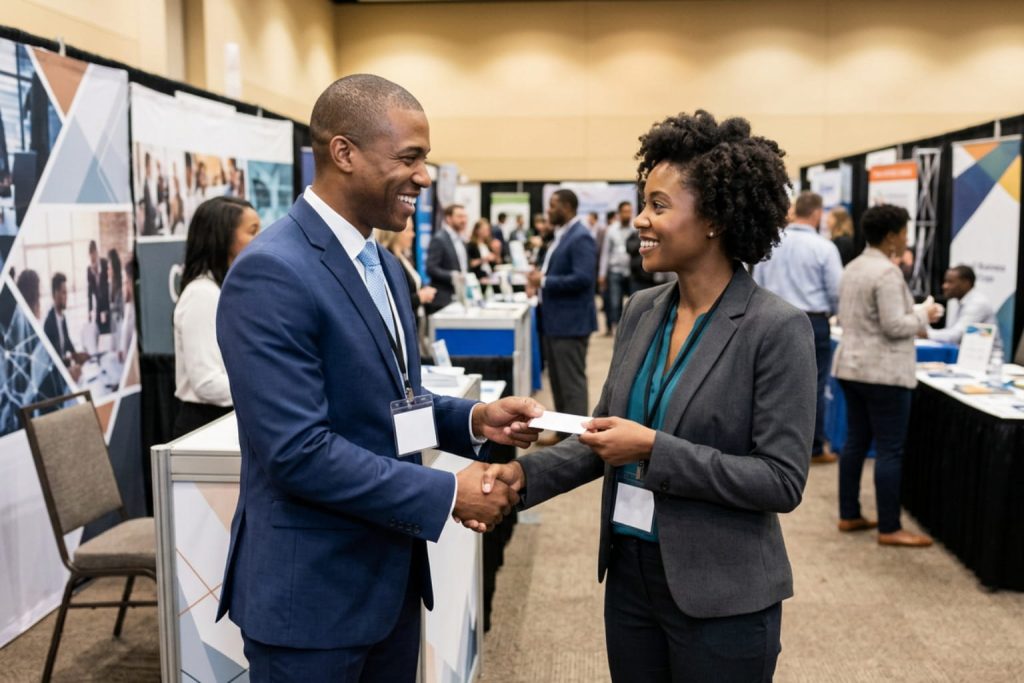 Two professionals exchanging a card at a trade show, representing practical networking-focused business card ideas.