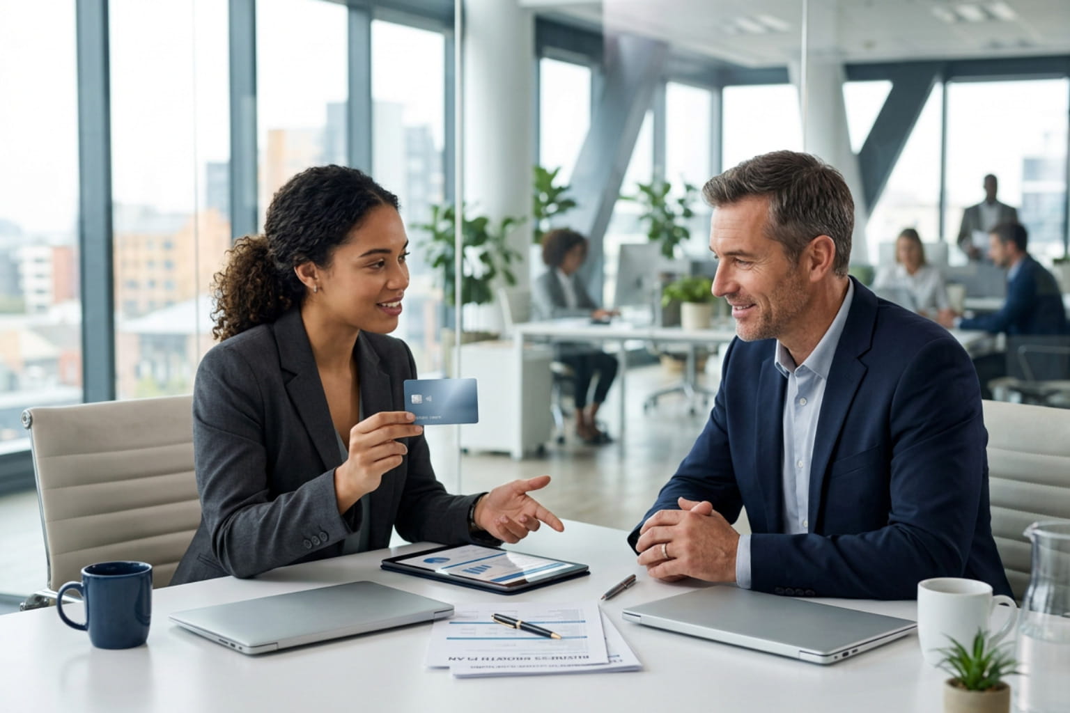Advisor presents a business credit card for new business beside growth charts during an office consultation.