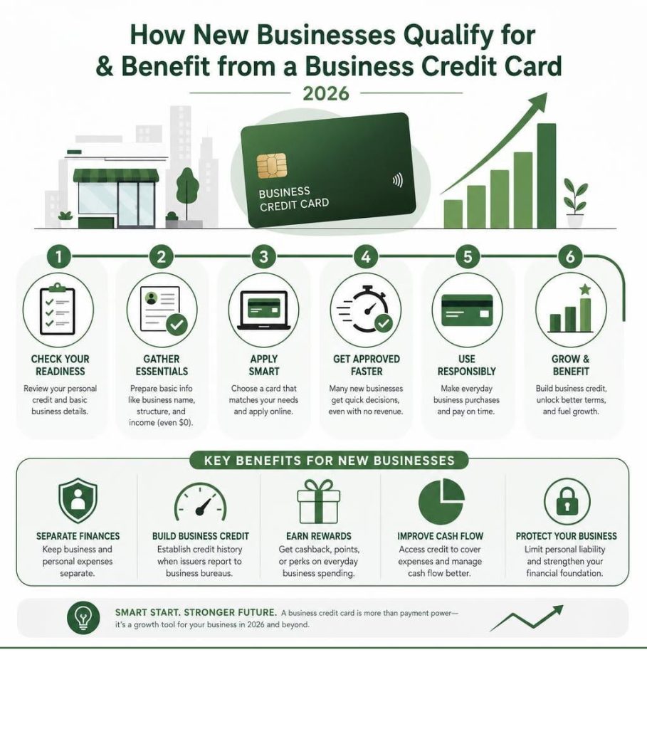 Green infographic showing six steps to qualify for a business credit card for new business plus key benefits.