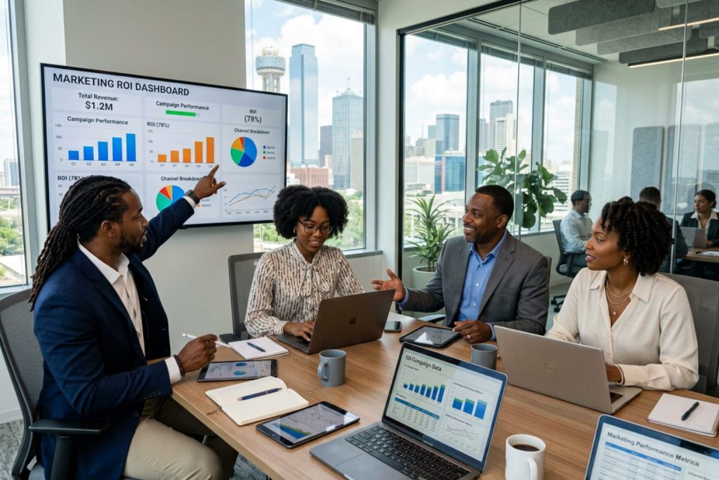 Team reviews a marketing ROI dashboard while discussing a business credit card for new business.
