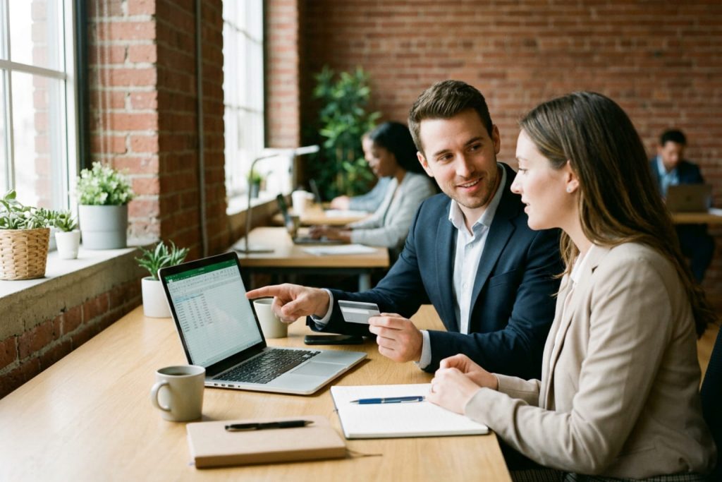Two professionals review a spreadsheet as one holds a business credit card for new business.