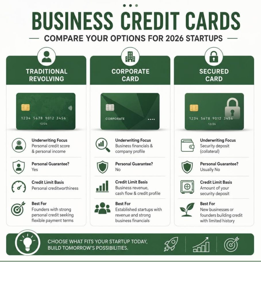 Comparison chart of traditional corporate and secured options for a business credit card for new business.